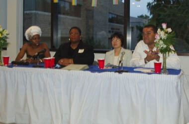 Esere Onadowan (Alumna), Charlene Thompson, Professor Michelle Wu, and Elliott Dawes
