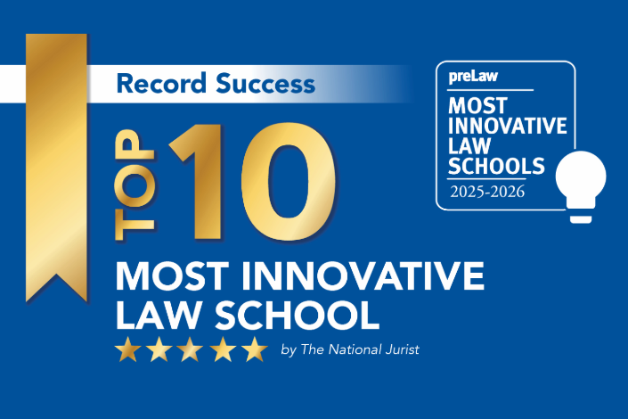 PreLaw Most Innovative Law School 2025-2026 badge.