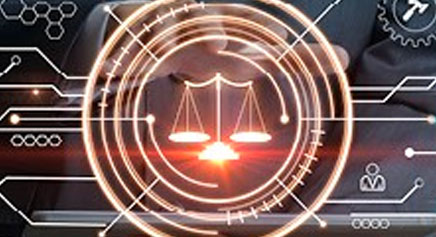 This is an image of the scales of justice with a digital background. 