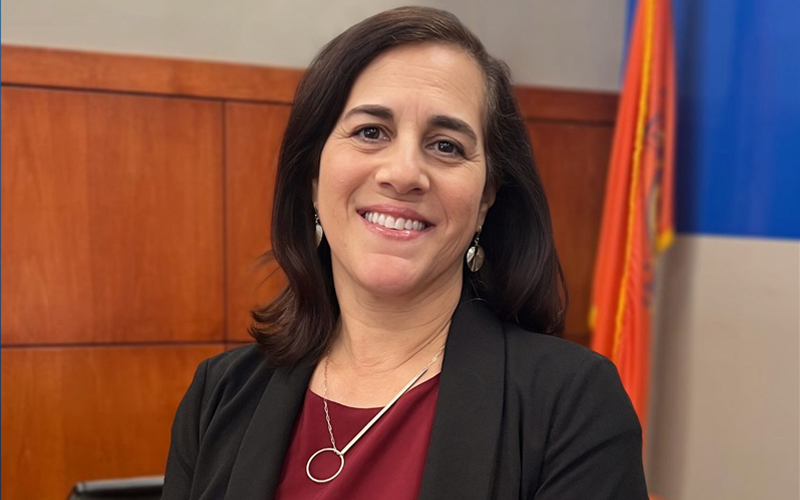 Hofstra Law Dean Jenny Roberts in a courtroom