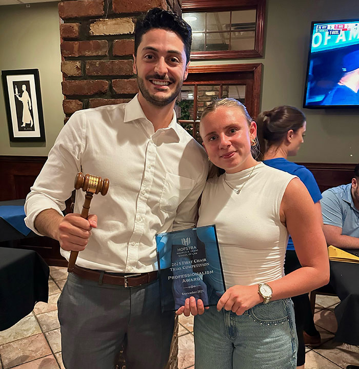 The Hofstra Law’s mock trial team of third-year students, Ruben Cerri-Droz and Caitlin McDonough, competed in the second annual First Chair Trial Competition on Long Island, New York, on September 12-14, 2025.
