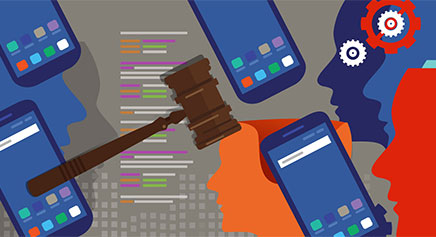 Composite image of a gavel, smart phones and faces.