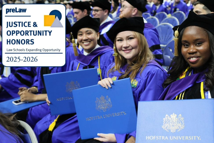 Diverse law graduates in purple caps and gowns holding Hofstra University diplomas at commencement ceremony, featured in Justice and Opportunity Honors 2025–2026.