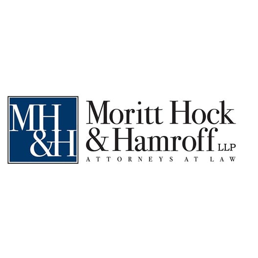 Logo of Moritt Hock & Hamroff LLP featuring MH&H in white on a blue square, with the full firm name and Attorneys at Law in black text to the right.